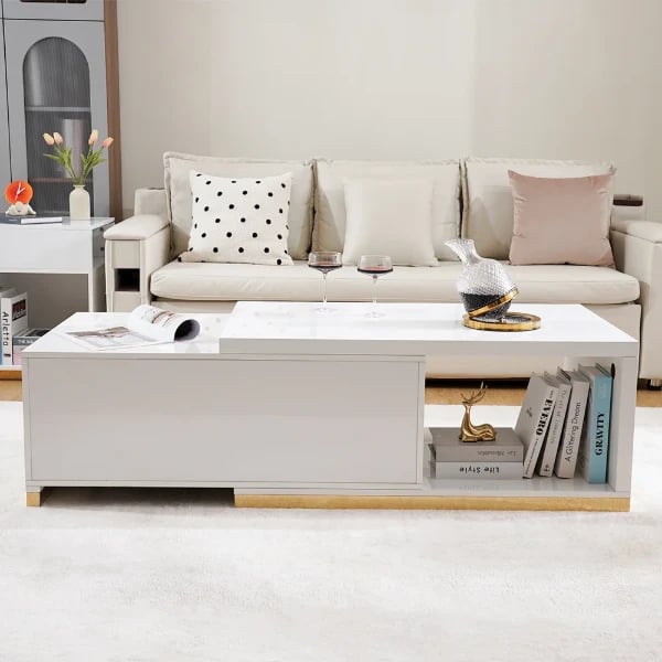 Luvano Extendable Coffee Table – White Finish with Storage Shelf