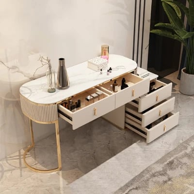 Clarette Vanity – Modern Natural Wood Design with Gold Stainless Frame and Elegant Storage Drawers