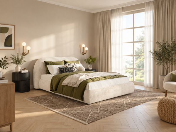 Picture of Genoa Upholstered Bed with Rounded Headboard – Natural Wood