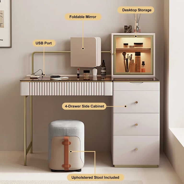 Picture of Marvella Vanity Set – Glass Top with lighting Cabinet and Matching Chair