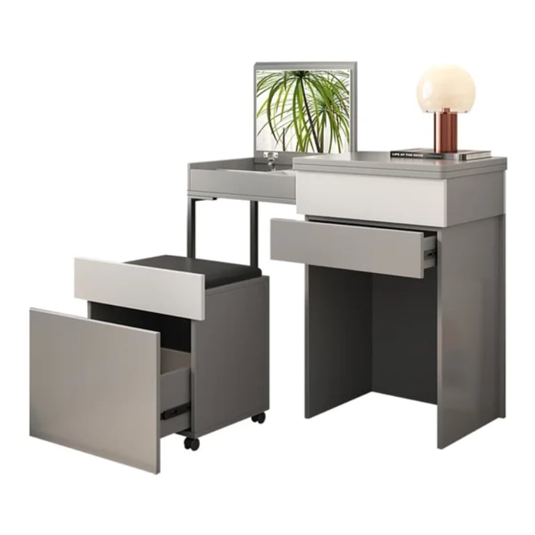 Enoro Makeup Vanity with Mirror Foldable Dressing Table with Stool & Hidden Drawer - Natural wood