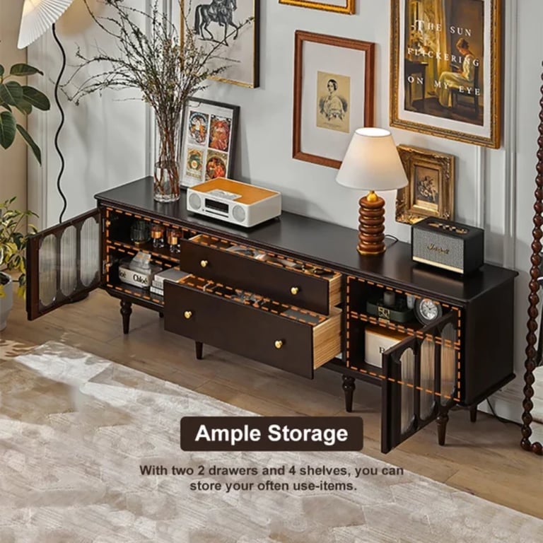 صورة طاولة تلفزيون جليم – خشب طبيعي بسطح زجاجي وأدراج ورفوف