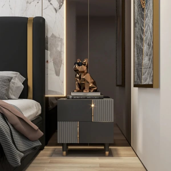 صورة طاولة غرفة نوم أسود مع رمادي دينزي - 2 درج