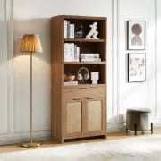 Rialto – Natural Wood Bookcase with Woven Rattan Doors