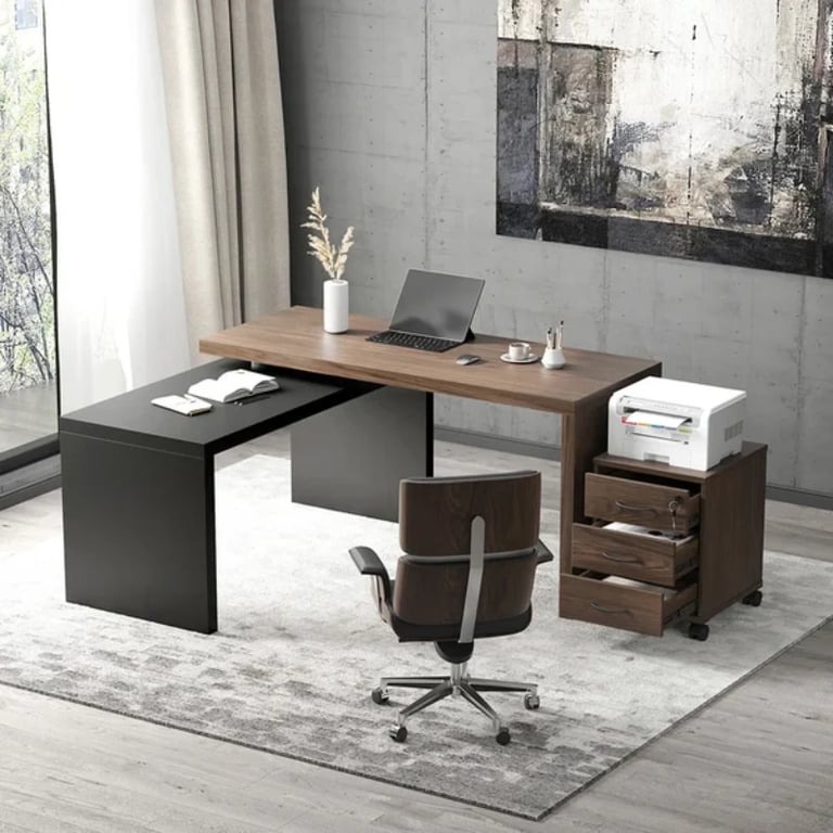 Picture of Alvar –Swivel L-Shaped Desk with Movable File Cabinet -Natural Wood