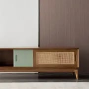 Cottage Walnut TV Stand for 80 inch TV with 2 Drawers & 2 Doors & Rattan