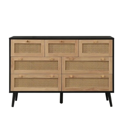 Rivena – Natural & Black Rattan 6-Drawer Wide Chest