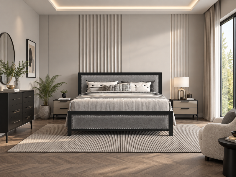 Picture of Monroe Natural Wood & Metal Upholstered Bed