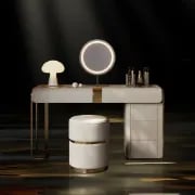 Amoura Vanity Set – Natural Wood with Matching Pouf, LED Mirror & Marble-Look Top