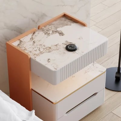 Fylora Nightstand – Natural Wood Frame with Marble Top