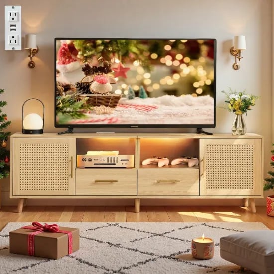Eloria TV Unit with Rattan Fronts – Natural Wood