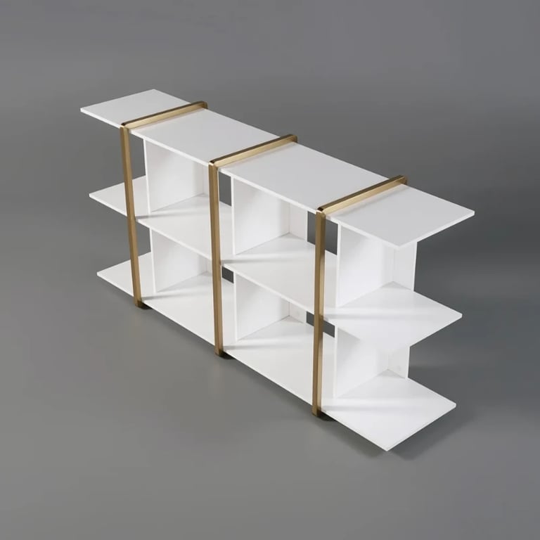 Vionna Low Display Shelf – White Wood with Gold Accents