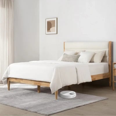 Mason – Upholstered Bed with Natural Wood Frame