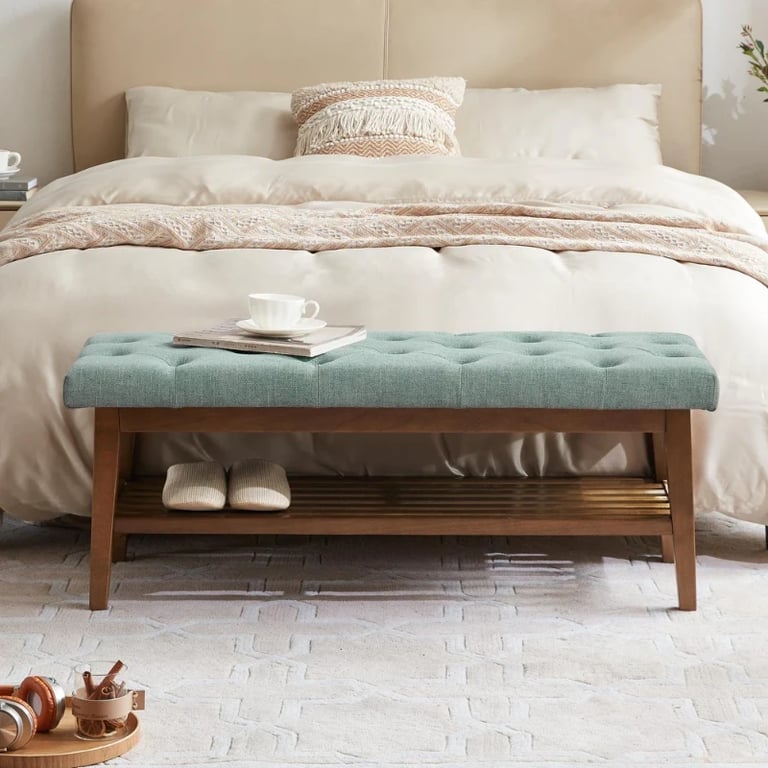 صورة ميلو – مقعد أحذية من الخشب الطبيعي مع بطانة قماش