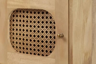 Zoya –Natural Wood Rattan Bedside Cabinet with Door & Open Shelf