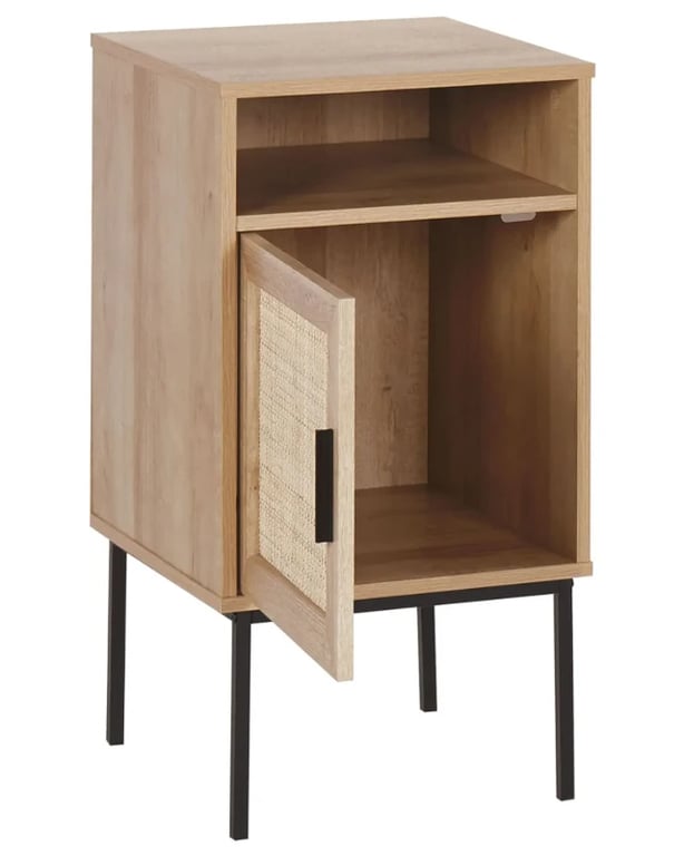 Calvia – Natural Wood Bedside Table with Tall Design & Woven Door