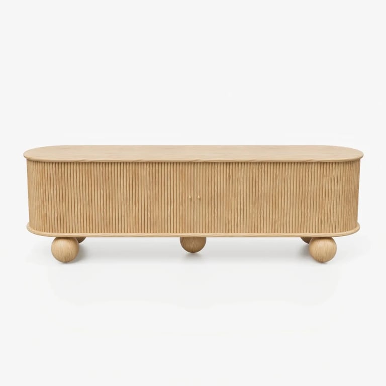 Oniro Long Media Console with Fluted Sliding Panels – Natural Wood