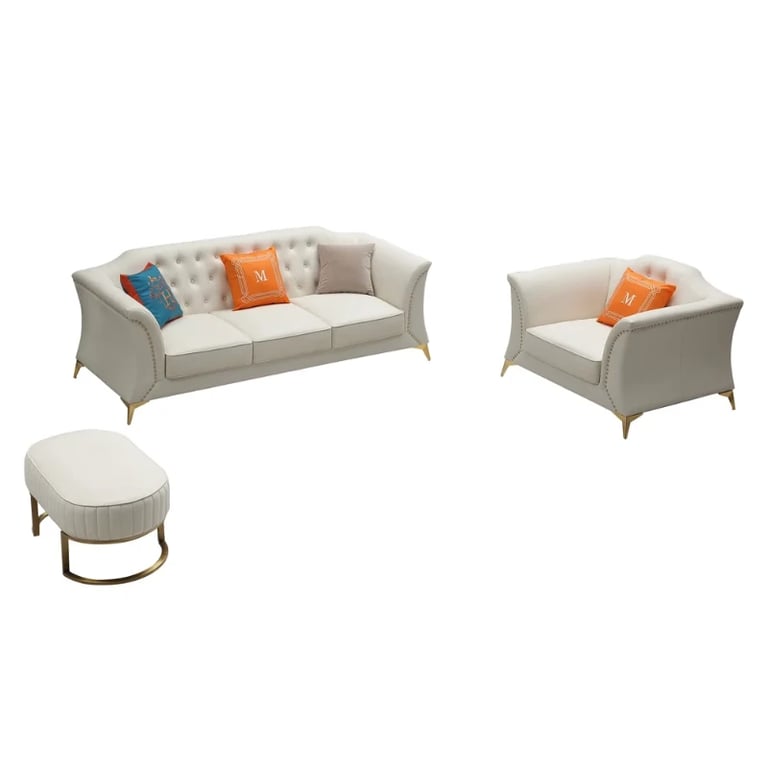 Marcelline – Sofa, Armchair & Ottoman Set with Elegant Natural Wood Accents | Customizable Design
