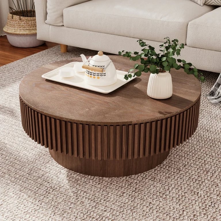 Elyra Round Coffee Table with Hidden Storage – Natural Wood