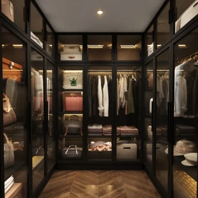 Picture of Paolo Modern wardrobe with glass doors and natural wood lighting