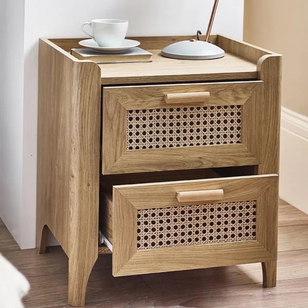Alara – Natural Wood & Rattan 2-Drawer Bedside Table