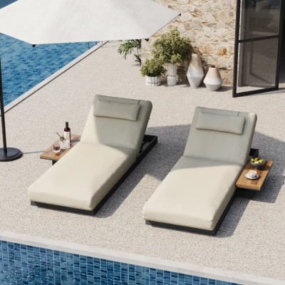 Picture of Lorigin Wooden Outdoor Lounger with side table - Natural wood