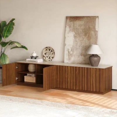 صورة لونتيو وحدة تلفاز من الخشب الطبيعي – بسطح علوي من الحجر