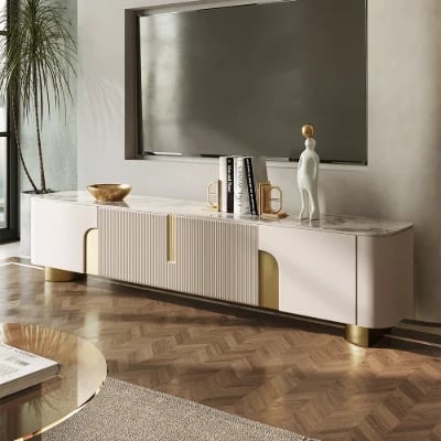 Élivane – Coffee Table & TV Unit Set with Marble and Gold Accents
