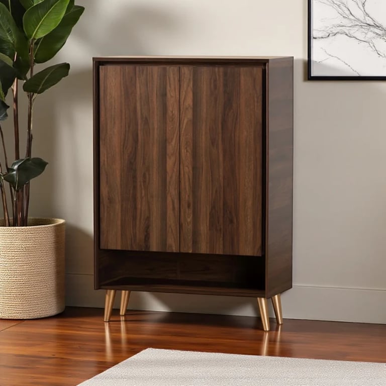 Brixton - Natural Wood Shoe Cabinet with Gold-Tone Legs