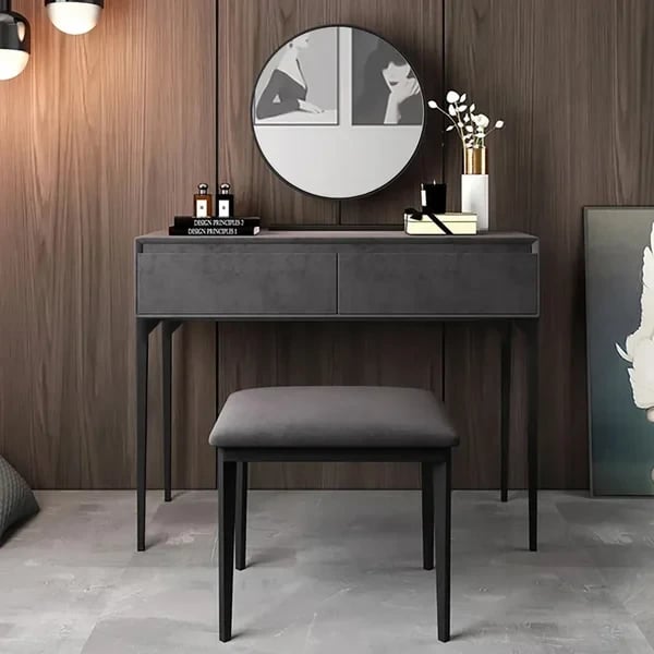 Enigma Vanity with Round Mirror and Elegant Chair – Natural Wood