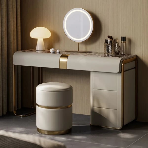 Amoura Vanity Set – Natural Wood with Matching Pouf, LED Mirror & Marble-Look Top