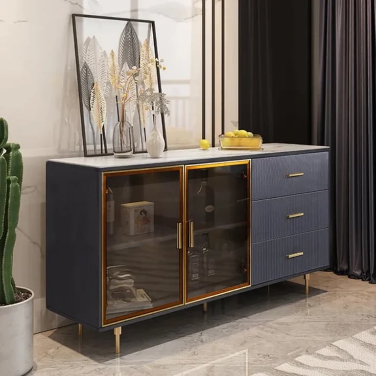 Klamf Sideboard – Natural Wood with Glass Doors and Golden Accents