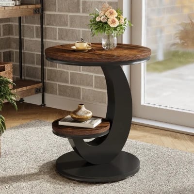 Cairo Side Table with Curved Design & Lower Shelf – Natural Wood