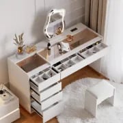 Aurielle – Natural Wood Vanity Set with Chair, LED Mirror, and Multiple Storage Drawers