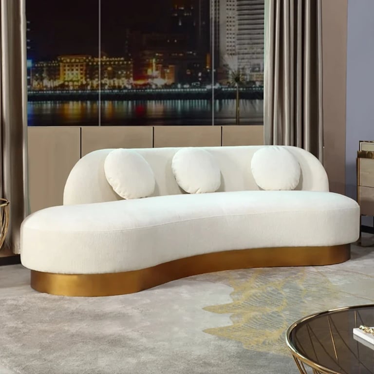 Picture of Dermo Modern White & Gold Velvet Curved Sofa for 3 Seaters with Pillows