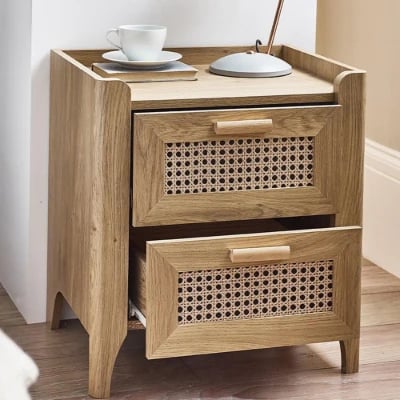 Alara – Natural Wood & Rattan 2-Drawer Bedside Table