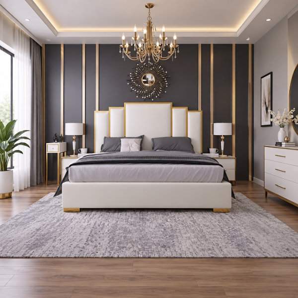 Picture of Regalia Luxe Upholstered Bed – White & Gold Elegance