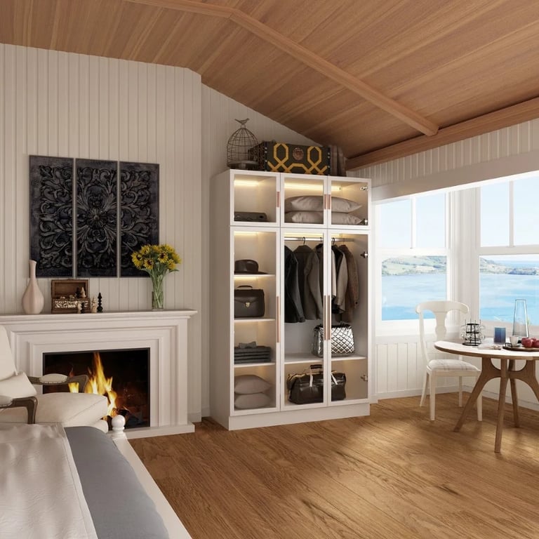 Picture of Paolo Modern wardrobe with glass doors and natural wood lighting