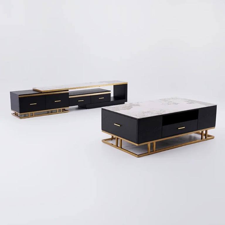 Nocturne – TV Unit and Coffee Table Set in Natural Wood with Gold Stainless Steel Accents and Marble-Look Top