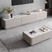 صورة طاولة قهوة لوسترا من الخشب الطبيعي – بسطح حجري وتخزين مخفي