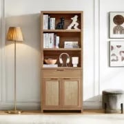Rialto – Natural Wood Bookcase with Woven Rattan Doors