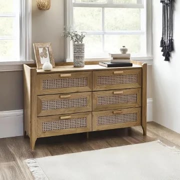 Elira – Natural Wood & Rattan 6-Drawer Chest