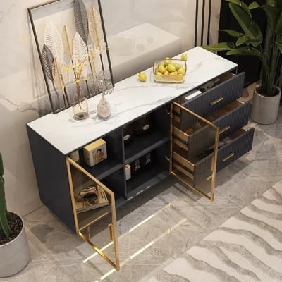 Klamf Sideboard – Natural Wood with Glass Doors and Golden Accents