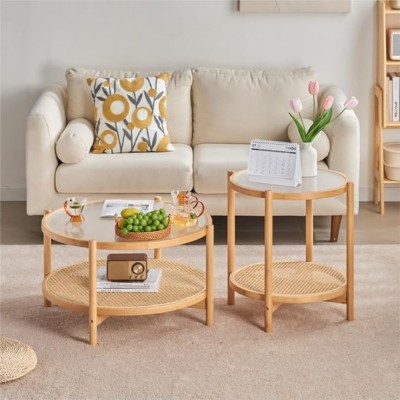 Picture of Solana Natural Wood Round Coffee Table – Glass Top with Rattan Base