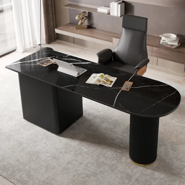 Zavello – Natural Wood Executive Desk with Marble-Look Surface & Gold Accent