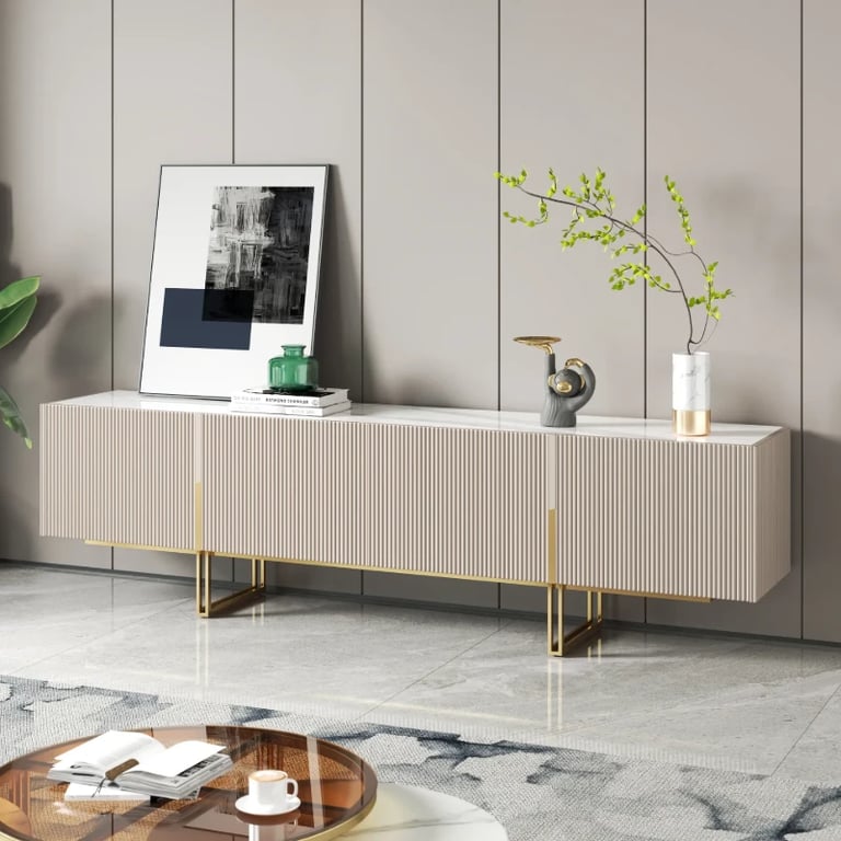 Élory - Natural Wood TV Stand with Stainless Steel Legs & Marble-Look Top