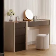 Vanity Set – Ébonie – Natural Wood with Smoked Glass Top, Organizer Drawers & Elegant Stool with Gold Base