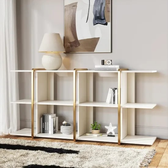 Vionna Low Display Shelf – White Wood with Gold Accents