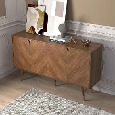 Picture of Zovaya Natural Wood Sideboard – Herringbone Doors with Brass Accents