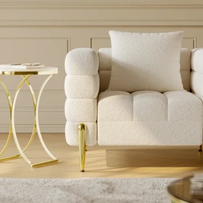 Amélis– Modern Natural Wood Sofa Set with Armchair and Ottoman, Golden Legs